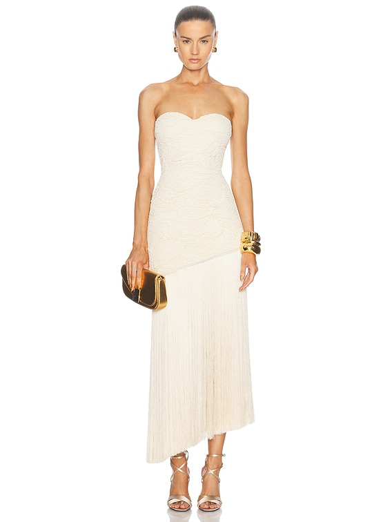 Jacquard Strapless Fringe Maxi Dress