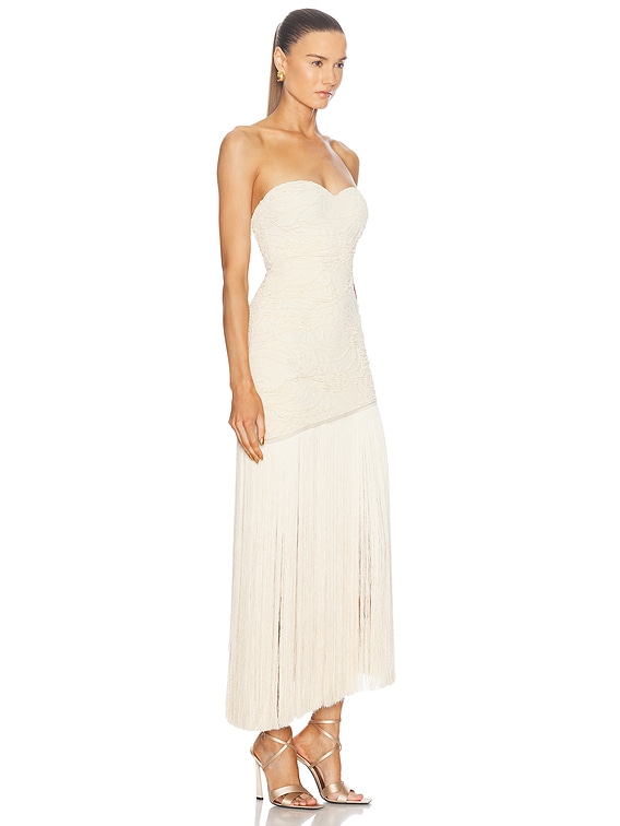 Jacquard Strapless Fringe Maxi Dress