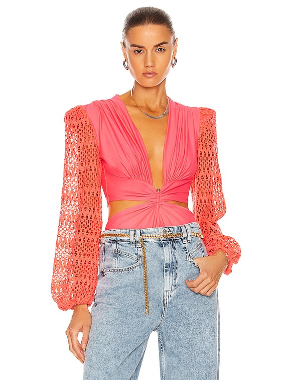 PatBO Crochet Sleeve Bodysuit in Neon Coral