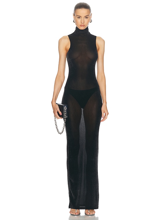 PRISCAVera Velvet Mesh Turtleneck Maxi Dress in Obsidian | FWRD PRISCAVera Velvet Mesh Turtleneck Maxi Dress in Obsidian | FWRD