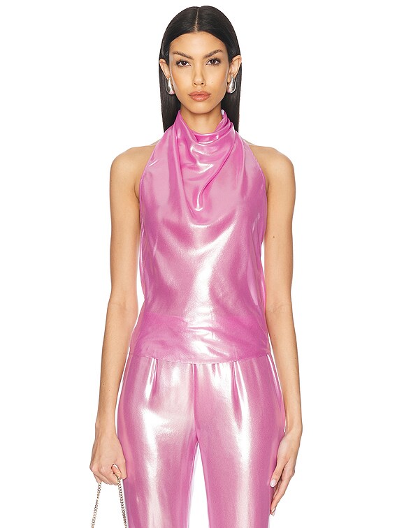 PRISCAVera Low Back Halter Top in Metallic Pink | FWRD