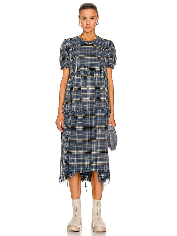 R13 Shredded Relaxed Midi Dress in Blue Plaid FWRD