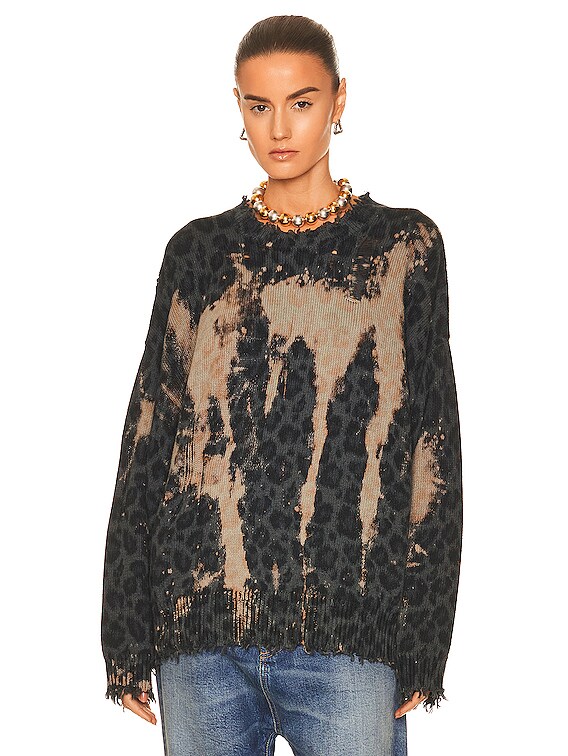 R13 Bleached Oversized Sweater in Charcoal Leopard FWRD