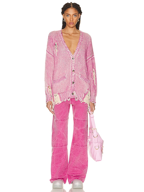 R13 Bright Pink Distressed Jumbo Cardigan in PRINTED BRIGHT PINK 