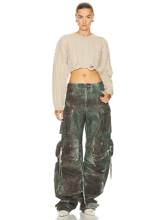 R13 Distressed Cropped Cable Sweater in Oatmeal | FWRD