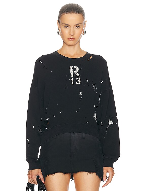 R13 Cropped R13 Crewneck Sweatshirt in Acid Black & Paint