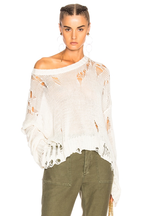 R13 Shredded Side Slit Sweater in Creme FWRD