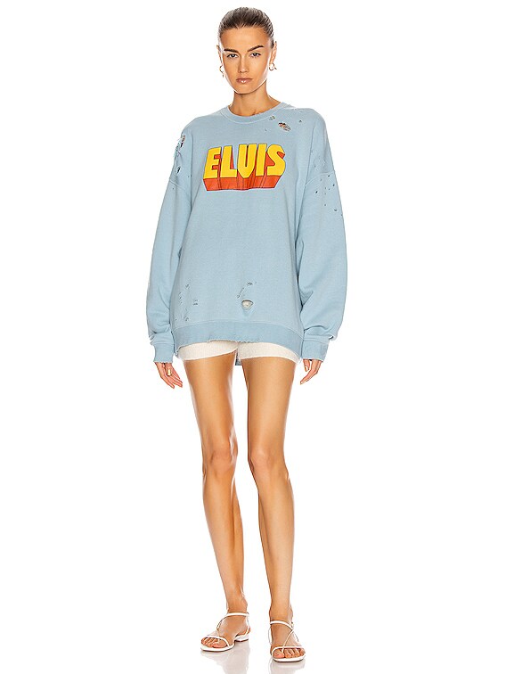 R13 Elvis Logo Oversized Crewneck Sweatshirt in Light Blue FWRD