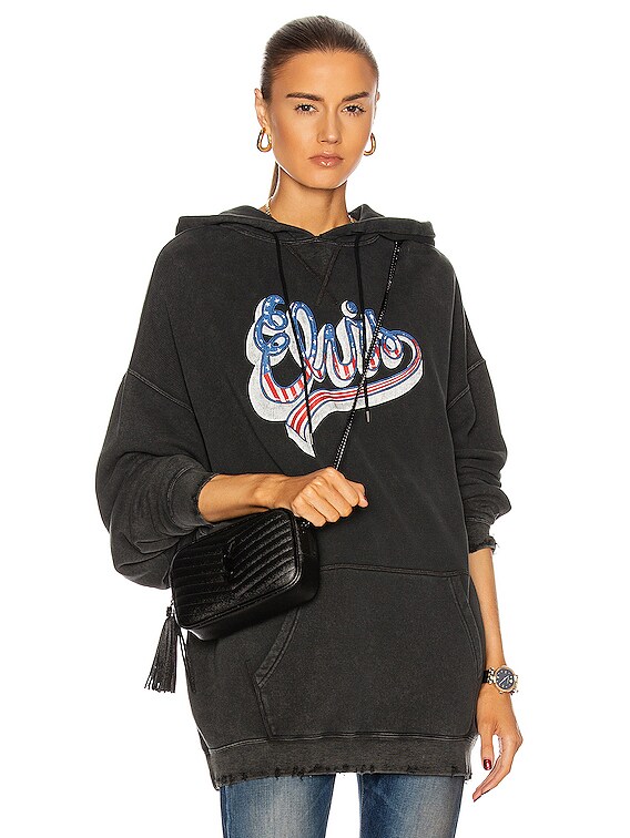 R13 Elvis Flag Logo Oversized Hoodie in Light Acid Black FWRD