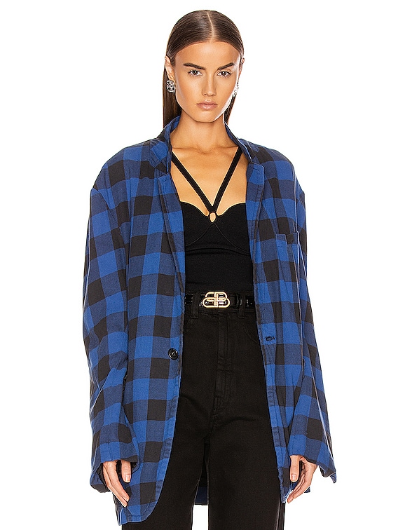 R13 Ragged Blazer in Blue Black Plaid FWRD