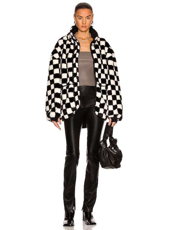 R13 Oversized Zip Up Fleece Jacket in Black & White Checker | FWRD