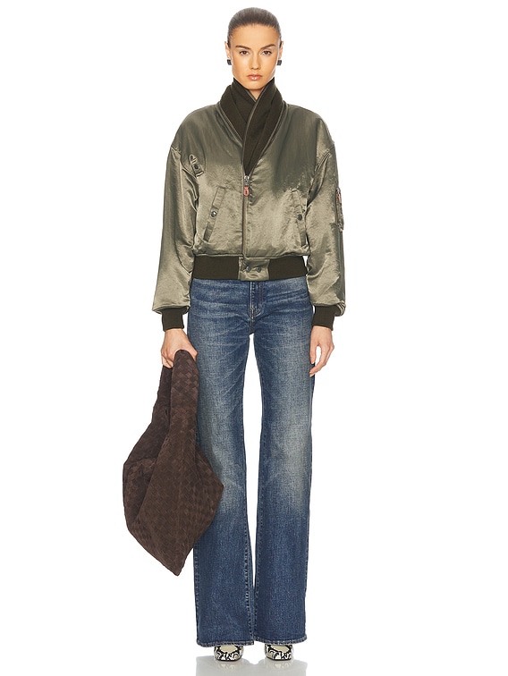 R13 Zip Collar Flight Jacket in Olive | FWRD