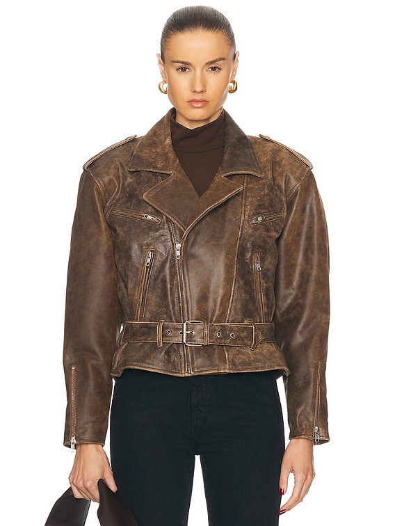 レザージャケット・コート R13 FW24 EXAGERATED MOTORCICLE JACKET (R13WR323R434A BROWN) R13 Exaggerated Shoulder Motorcycle Jacket in Brown Leather