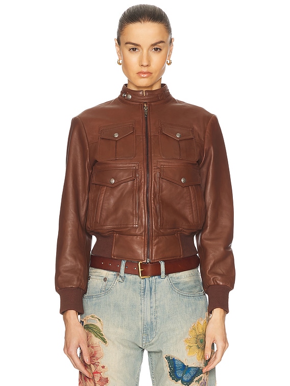 R13 Shrunken Zip-Up Leather Jacket in Brown | FWRD