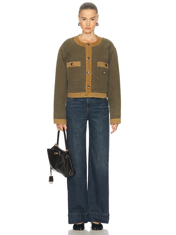 R13 Cord Trimmed Cropped Chore Jacket in Dusky Olive Canvas Green