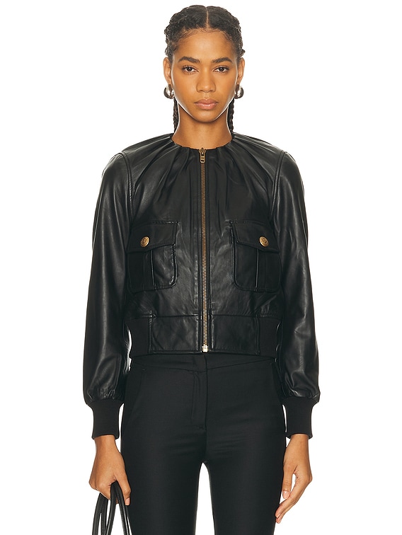 R13 Pleated Neck Leather Jacket in Black | FWRD