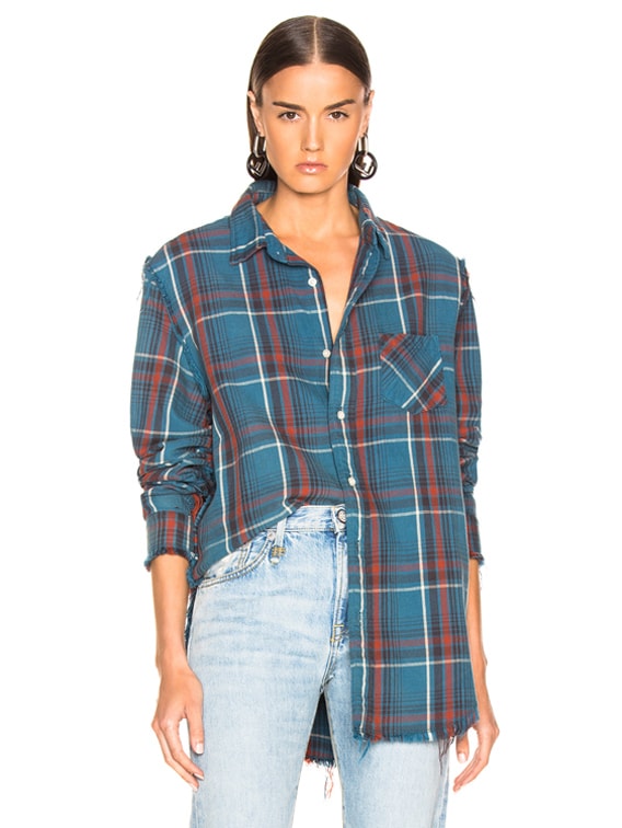 R13 Shredded Seam Shirt in Blue Plaid FWRD