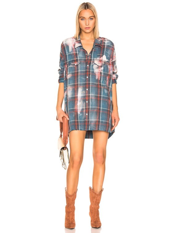 R13 Oversized Cowboy Shirt in Blue Plaid Bleach Stains FWRD