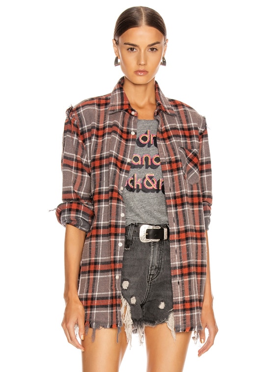 R13 Shredded Seam Shirt in Charcoal Red Plaid FWRD