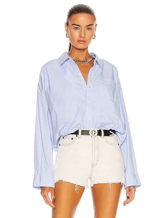 R13 Gathered Hem Shirt in Light Blue Pinstripe FWRD