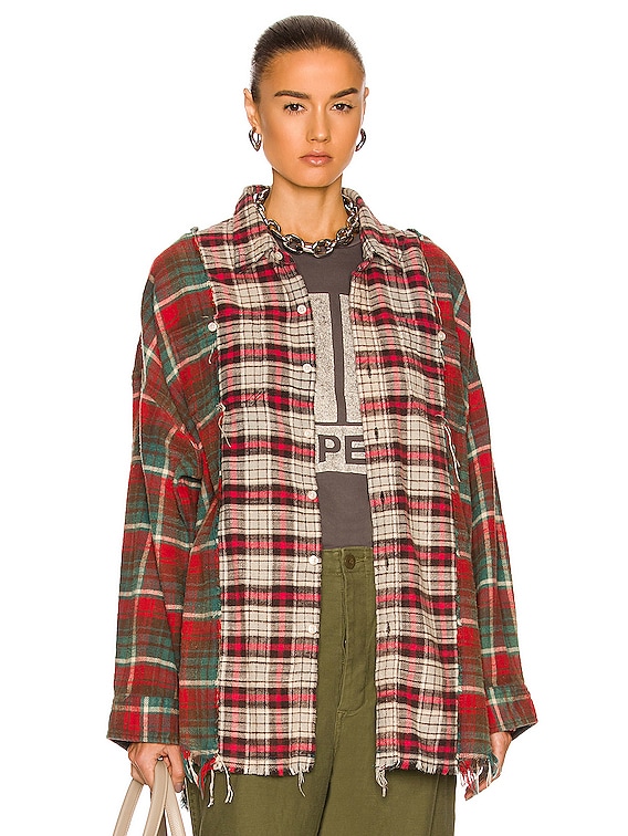 R13 Drop Neck Combo Workshirt in Grey Blue Red Plaid FWRD