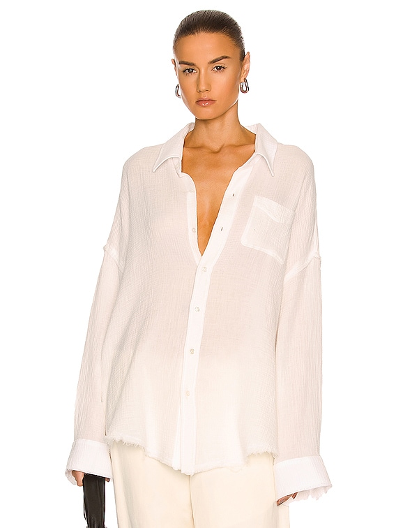 R13 Shredded Seam Drop Neck Shirt in Ecru FWRD