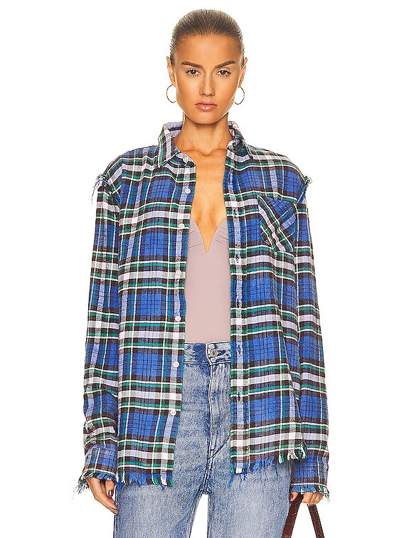 R13 Shredded Seam Shirt in Blue Green Plaid FWRD