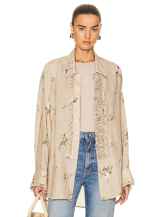 R13 Drop Neck Tuxedo Shirt in Floral On Khaki FWRD