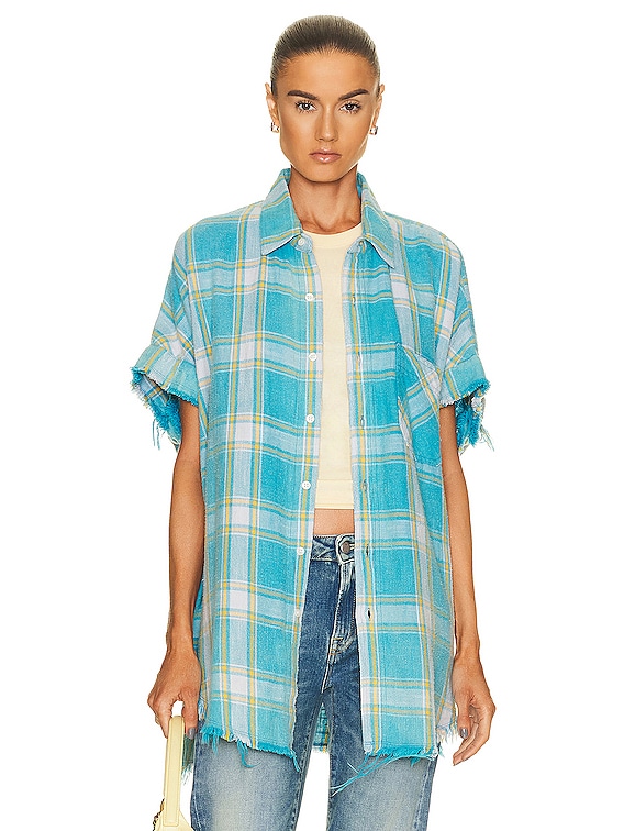 R13 Shredded Seam Sleeveless Shirt in LT BLUE PLAID FWRD