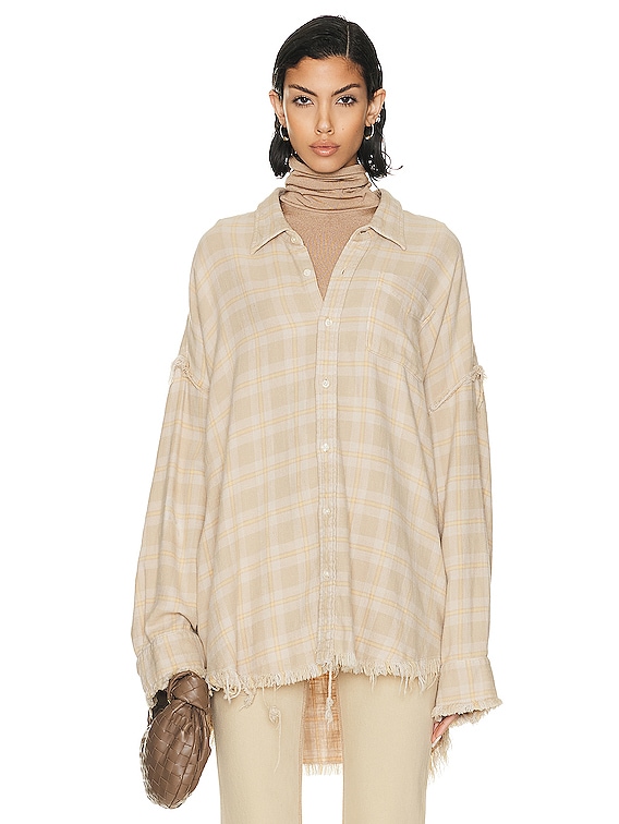 R13 Shredded Seam Drop Neck Shirt in Khaki Overdye Plaid FWRD