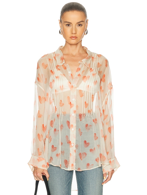R13 Pintuck Drop Neck Shirt in Red Hearts On Cream | FWRD