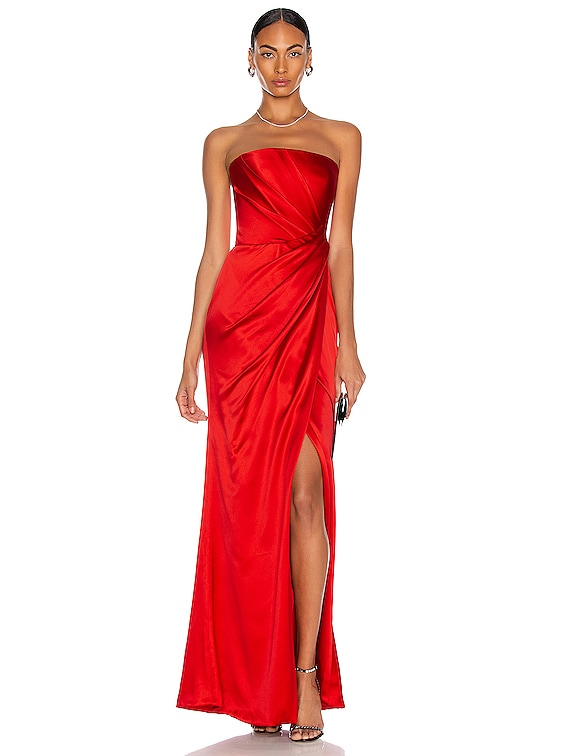 RASARIO Asymmetric Draped Corset Gown in Red | FWRD