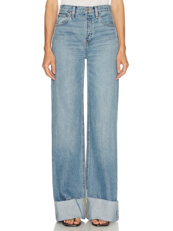 RE/DONE High Rise Wide Leg Cuff Jeans in Vintage Biker Blue | FWRD
