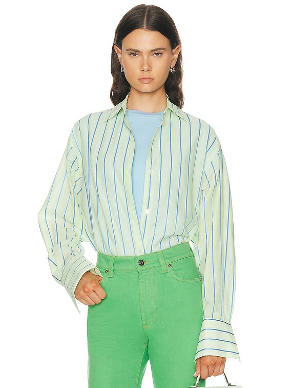 RENGGLI Stripe Boxy Long Sleeve Button Up Shirt in Kiwi & Azure | FWRD