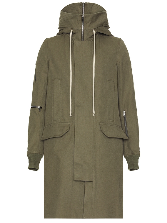 Rick Owens Hooded Long Parka in Olive Drab | FWRD