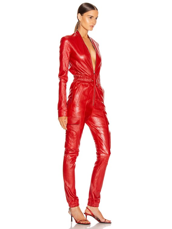 red cargo jumpsuit