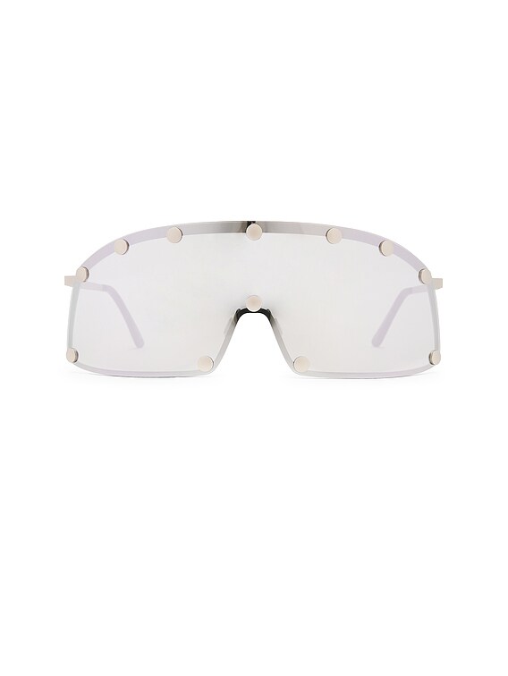 Rick Owens Shield Sunglasses in Silver Temple & Silver Lens | FWRD
