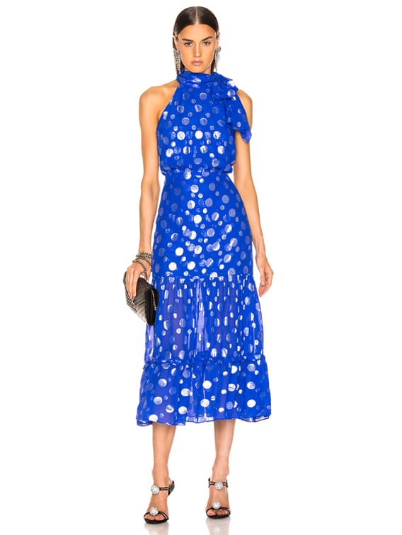 RIXO Eleanor Lame Spot Dress in Blue | FWRD