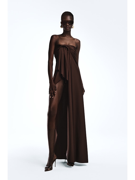revolve brown long dress LOS ANGELES Enzo Asymmetric Maxi in The House of Harlow 9/10 Sweater Dress And Boots Color:Nude/Gold/Silver/Light Blue