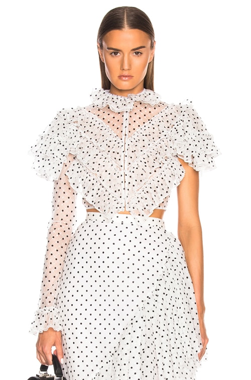 Flocked Tulle One Sleeve Cropped Blouse