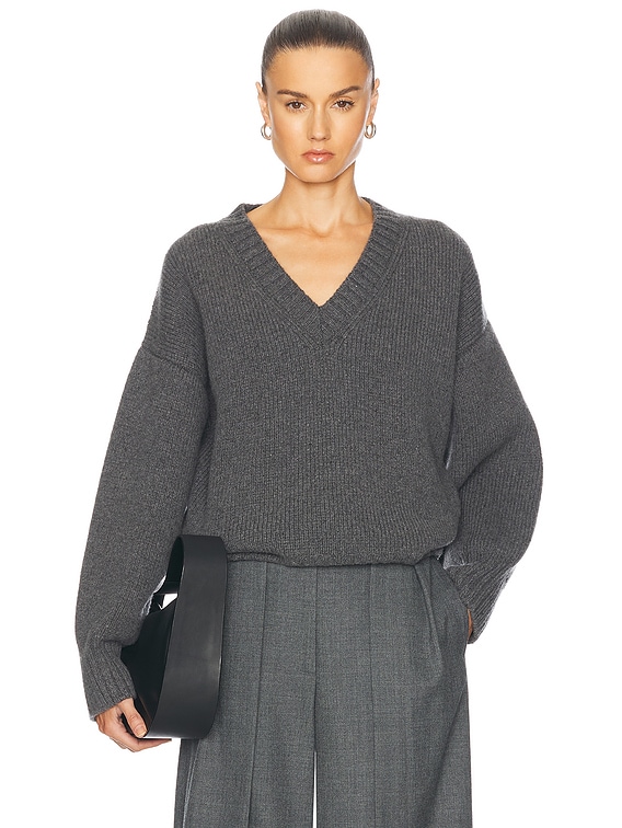 Rohe Compact Knit V Neck Sweater in Mid Grey Melange | FWRD