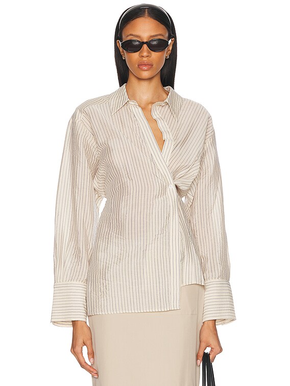 Rohe Asymmetric Waisted Striped Shirt in Cream & Navy Stripe | FWRD
