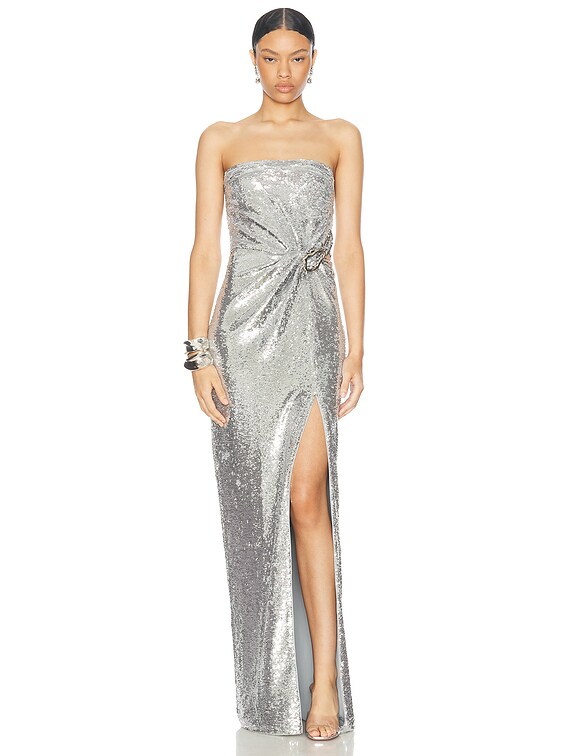 Roland Mouret Sequin Strapless Buckle Gown in Silver | FWRD