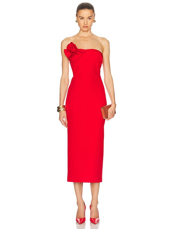 Roland Mouret Strapless Flower Drape Crepe Midi Dress in Red