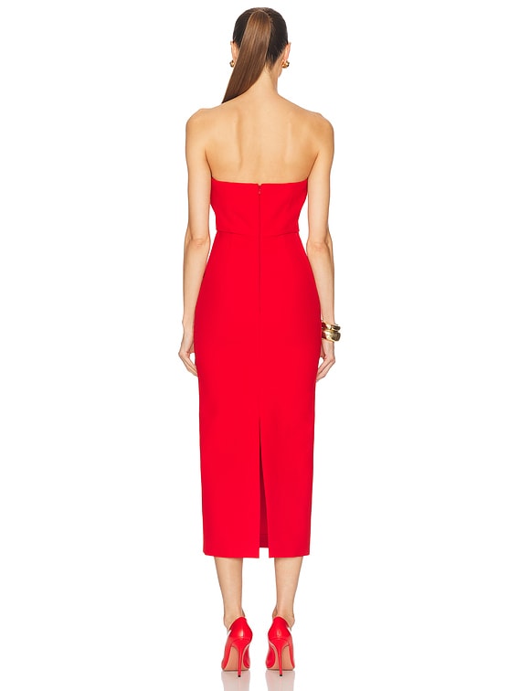 Roland Mouret Strapless Flower Drape Crepe Midi Dress in Red