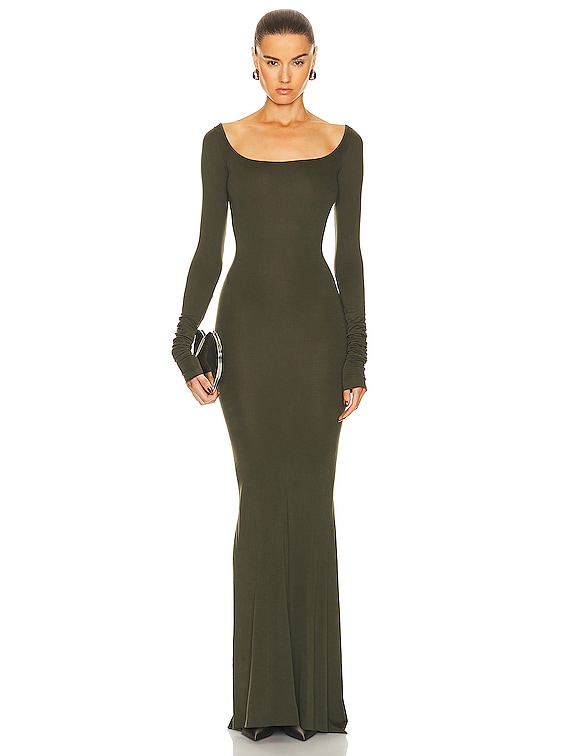blue off the shoulder long sleeve dress Lace Long Sleeves Off Shoulder Satin Split Dress main image 1
