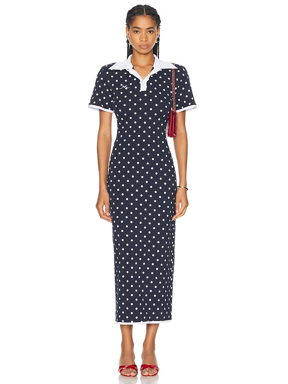 Rowen Rose Long Polo Dress in Navy Blue & White Polka Dots | FWRD