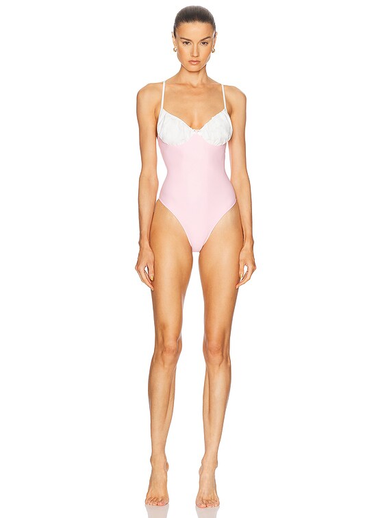 【EEUN】Rose Drape One Piece Rowen Rose One Piece Swimsuit in Pink & White | FWRD