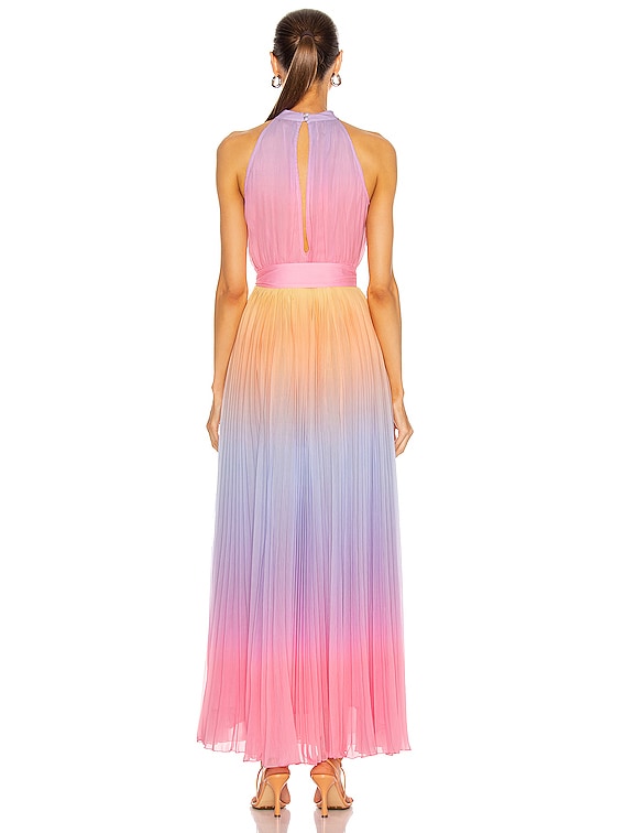 rococo sand pink and purple dress ROCOCO SAND Blake Ruched Long Dress in Purple & Pink