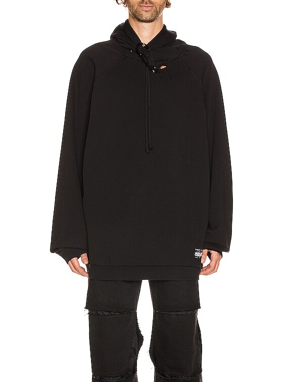 Raf Simons Destroyed Oversized Hoodie With Big Pin in Black | FWRD